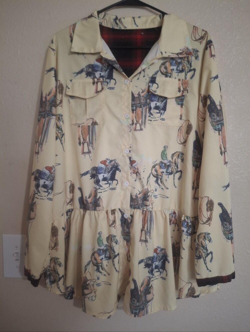 MISSLOOK Women's Yellow Horse-Print Button Front Top